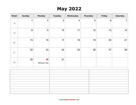 May 2022 Editable Calendar With Notes Portrait Layout