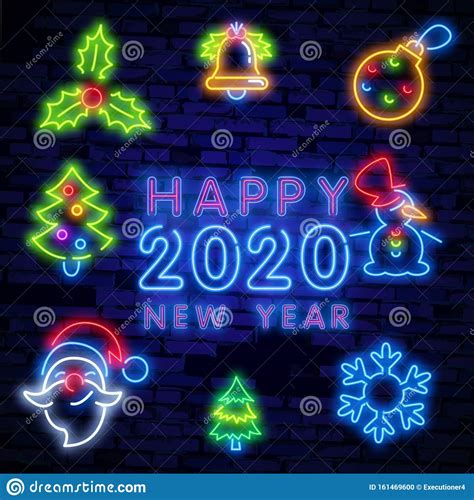 Happy New Year Neon Icons Vector Neon Glow On Dark Background Neon