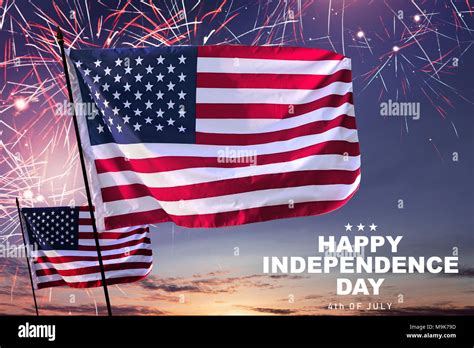 Waving American Flag With Fireworks Background Happy Independence Day