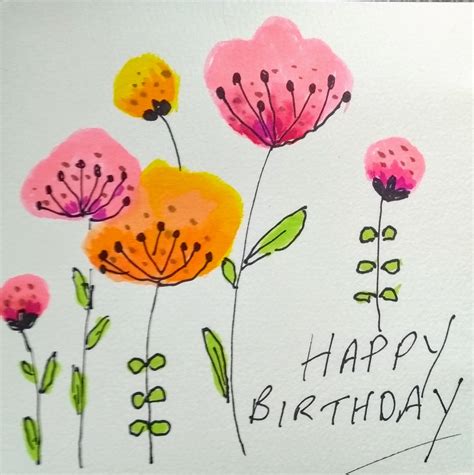 Simpe Watercolour And Black Ink Pen Card Watercolour Birthday Card