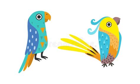 Set Of Bright Colorful Exotic Tropical Birds Cartoon Vector