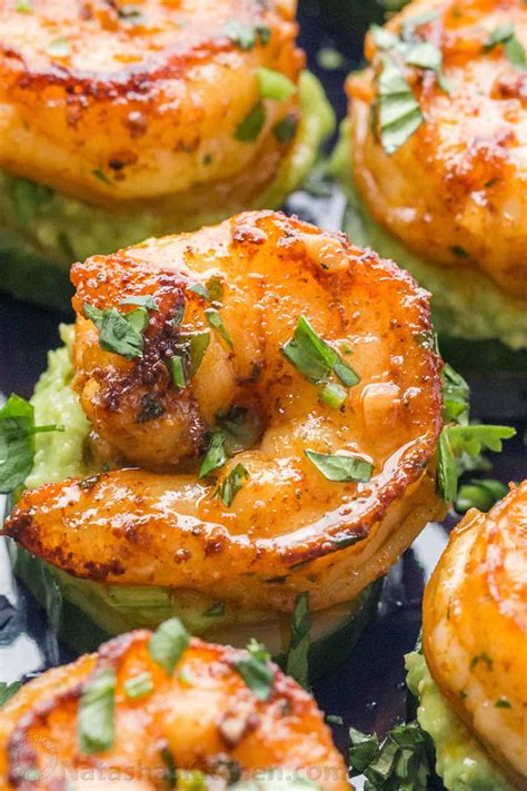 I serve this at many gatherings and its always a favorite! Avocado Cucumber Shrimp Appetizers - NatashasKitchen.com