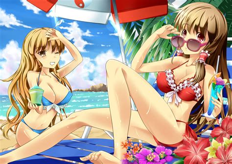 2girls beach bikini breasts cleavage flowers glasses hakurei reimu kirisame marisa swimsuit