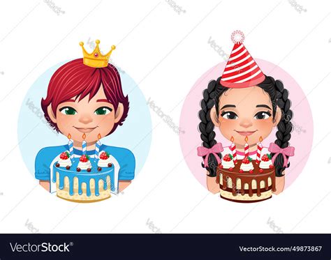 Birthday Boy And Girl Holding Cake Cartoon Vector Image