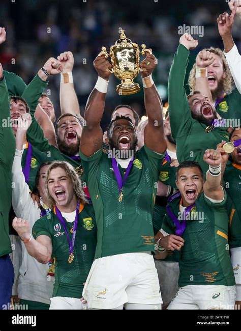 South Africas Siya Kolisi Lifts The Webb Ellis Cup After South After