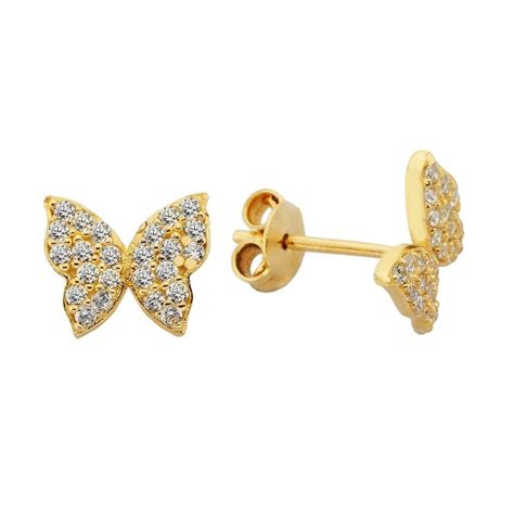 14K Real Solid Gold Butterfly Stud Earrings For Women