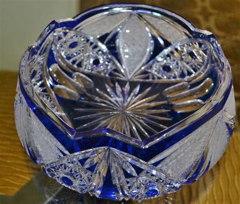 Bohemian Czech Cobalt Cased Blue Cut To Clear Crystal Glass Bowl