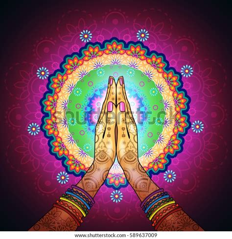 Hands Decorated Greeting Position Namaste Stock Illustration 589637009