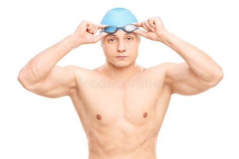 Muscular Male Swimmer Putting On His Swim Goggles Stock Photo Image