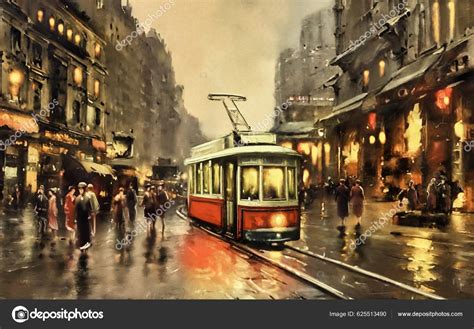 Old Tram City Night View City Oil Paintings Landscape Night Stock Photo