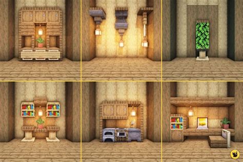 Four Different Views Of A Living Room And Kitchen In Minecraft House