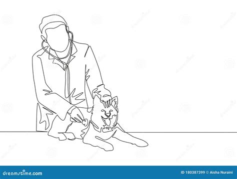One Single Line Drawing Of Young Happy Male Veterinarian Examining And