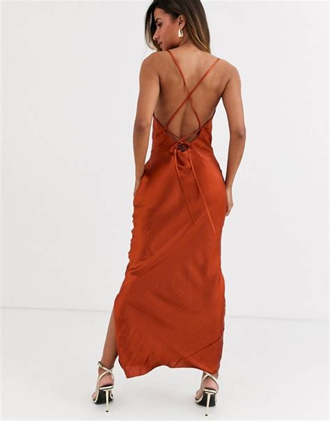 asos design cami maxi slip dress in high shine satin with lace up back asos