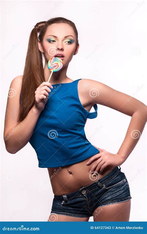 Young Girl Sucks Sweet On Stick Stock Image Image Of Eyes Fair 64127343