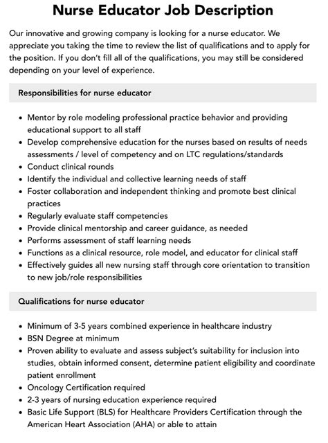 Nurse Educator Job Description Velvet Jobs