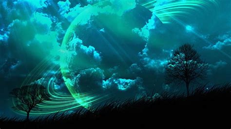 Grass Trees Teal Clouds Moon Sky Background Teal Hd Wallpaper Peakpx