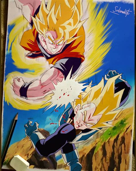 A Drawing Of Gohan And Vegeta Fighting With Each Other