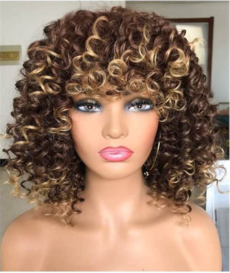 Afro Curly Wigs Ombre Blonde Wig With Bangs Natural Looking Etsy