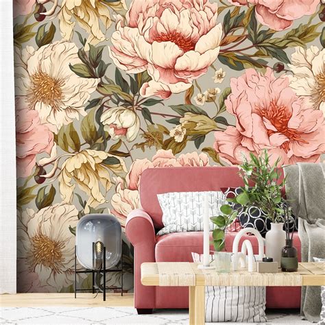 Retro Floral Wallpaper With Pink Flowers On Light Blue Background Boho