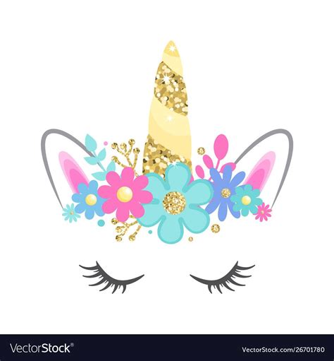 Unicorn Face With Closed Eyes And Flowers Gold Glitter Horn Vector