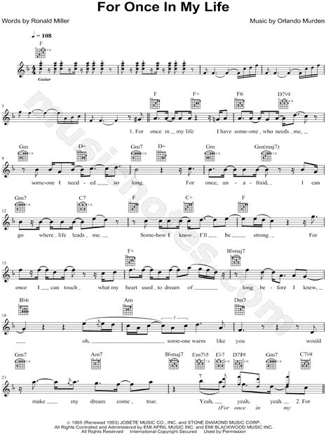 Stevie Wonder For Once In My Life Sheet Music In F Major
