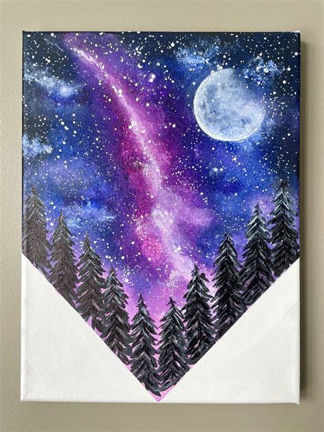 A Painting Of Trees And The Night Sky With A Pink Star In The Middle