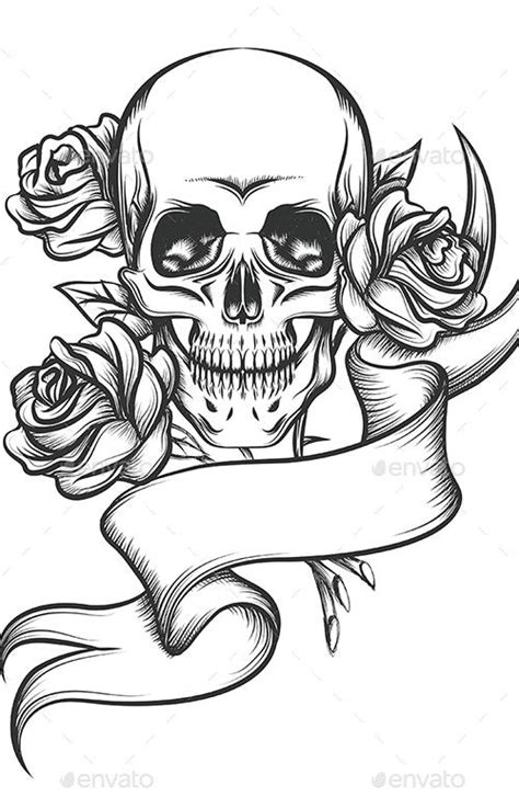 Skull And Roses With Ribbon By Olena1983 Graphicriver Skull Rose