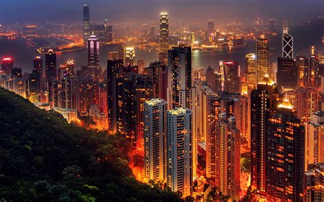 Papel De Parede Paisagem Urbana Hong Kong Noite Horizonte Arranha Céu Tarde Crepúsculo