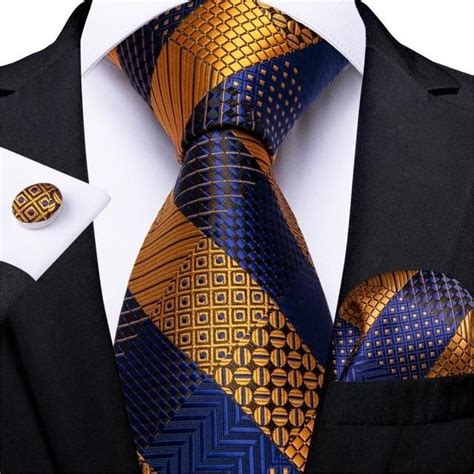 luxury fashion gold blue black striped paisley silk party wedding tie hanky cufflinks t