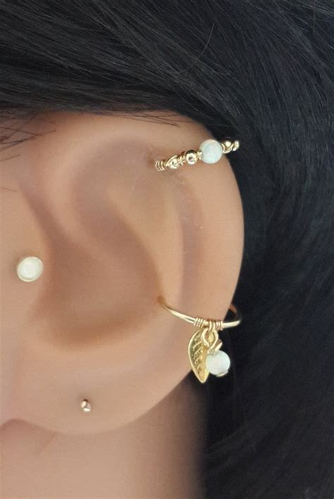 White Opal Cartilage Earring Gold Beaded Helix Hoop Silver Etsy