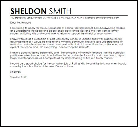Cover letters provide a venue for you to discuss your technical and transferrable skills illustrated by solid examples. Custodian Sample Cover Letter | Cover Letter Templates ...