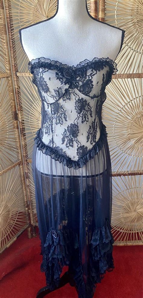 vintage sheer black lace ruffle negligee escante lingerie size l ebay