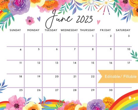 fillable june 2023 calendar rainbow summer floral printable etsy finland