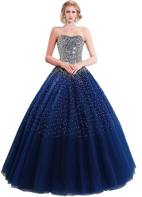 Sparkly Ball Gown Strapless Navy Blue Tulle Beaded Prom Dress Corset Back