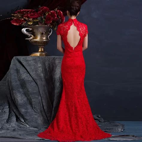 Buy Red Lace Backless Sexy Cheongsam Long Bride Trail Marry Dress Chinese