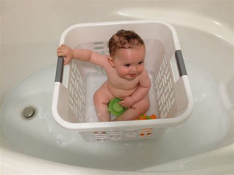 Great And Inexpensive Way The Bathe An Infant With A Laundry Basket