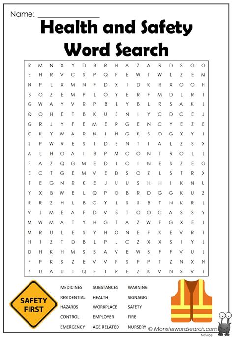Health And Safety Word Search Monster Word Search