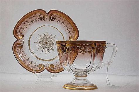 Antique Moser Art Glass Shaded Enamel Quatrefoil Cup Saucer Set Glass Art Glass Tea Cups