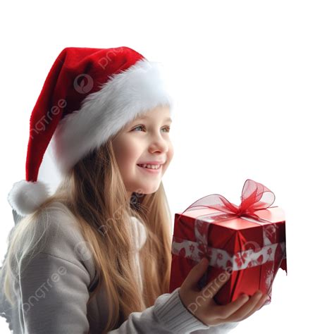 Girl In A Christmas Hat With A T Box By The Window Closeup