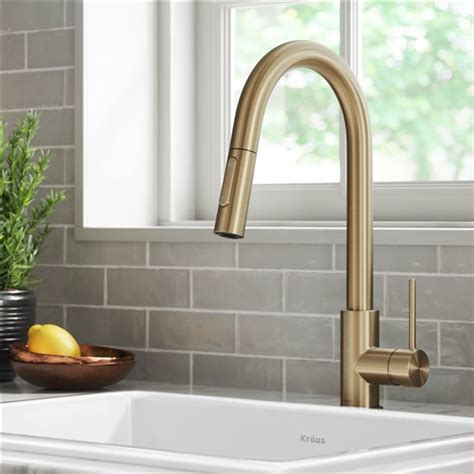 Kraus Oletto Pull Down Single Handle Kitchen Faucet In Brushed Gold KPF BG RONA