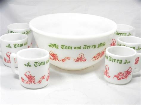 Vintage Hazel Atlas Tom And Jerry Punch Eggnog Bowl Set With Handled