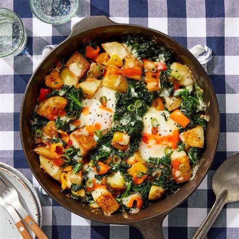 Recipe Crispy Potato And Kale Hash With Baked Eggs And Hot Sauce Blue Apron