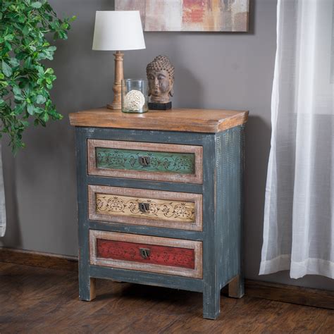 leo solid wood  drawers chest cabinet  weathered multi colored finish