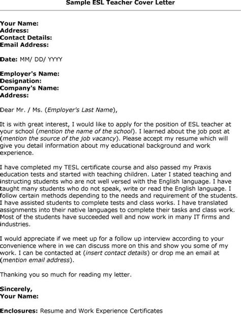 Esl Teacher Cover Letter Sample No Experience