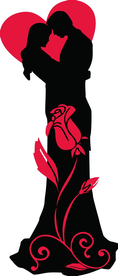 Transparent Loving Couple Silhouettes With Red Heart And Rose Png