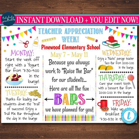 Editable Teacher Appreciation Week Itinerary Poster Digital Etsy