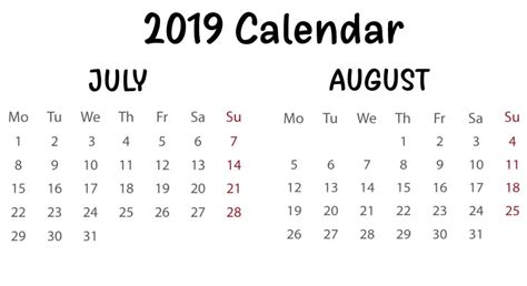 July August 2019 Calendar Best Printable Calendar