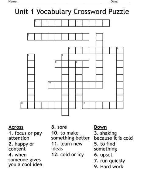 Unit 1 Vocabulary Crossword Puzzle Wordmint
