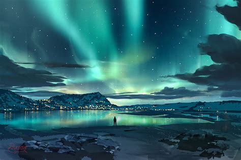 Artistic Landscape Aurora Borealis Lake Mountain Night Sky