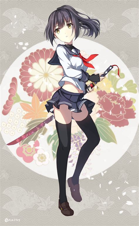 Wallpaper Anime Girls Long Hair Stockings Skirt Yellow Eyes Sword Katana Weapon